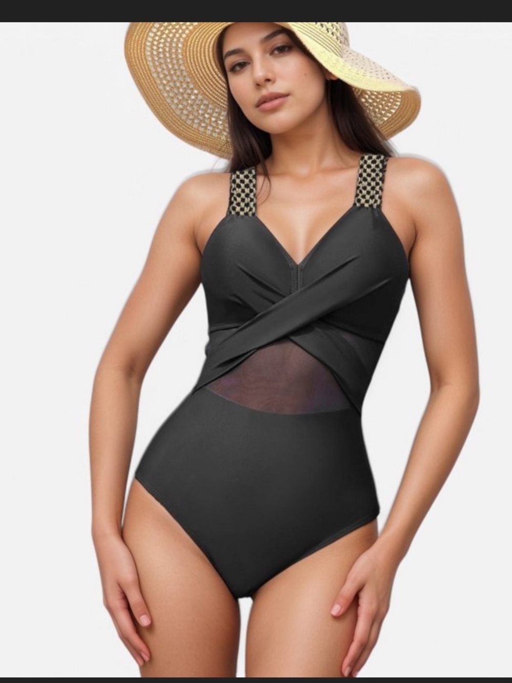 One Piece Mesh Midsection
Crisscross Front and Braided Detail Straps Black S